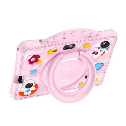 BDF 7-Inch Kids Tablet with Astronaut Silicone Case in pink with astronaut stickers and built-in ring stand for kids