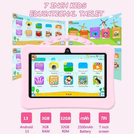 BDF 7-Inch Kids Tablet with Astronaut Silicone Case showing pink 7-inch Android 13 educational screen, parental controls, 3GB RAM, 32GB storage
