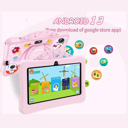 BDF 7-Inch Kids Tablet with Astronaut Silicone Case in pink showing educational apps on Android 13 with built-in parental controls