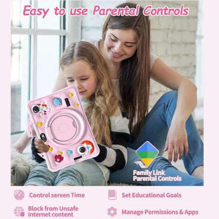 BDF 7-Inch Kids Tablet with Astronaut Silicone Case showing parental controls and family link features with child using tablet