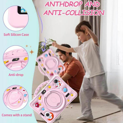 BDF 7-Inch Kids Tablet with Astronaut Silicone Case showing pink astronaut silicone case, built-in stand, and child playing safely with parental supervision