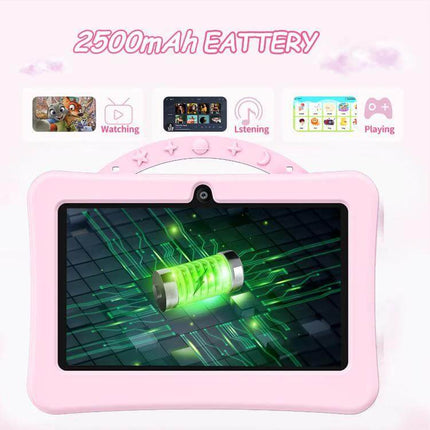 BDF 7-Inch Kids Tablet with Astronaut Silicone Case showing 2500mAh battery graphic on pink tablet screen with camera and handle