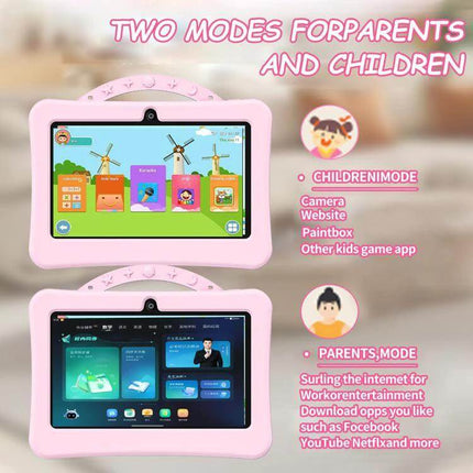 BDF 7-Inch Kids Tablet with Astronaut Silicone Case showing pink tablet dual child and parent modes with educational apps and parental controls