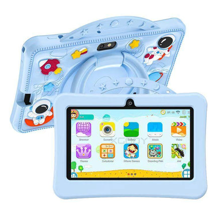 BDF 7-Inch Kids Tablet with Astronaut Silicone Case showing blue astronaut-themed protective case and kid-friendly Android 13 home screen