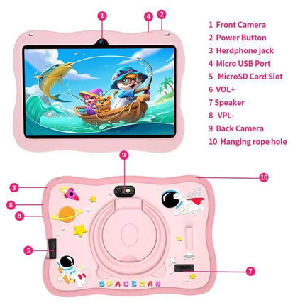 BDF 7-Inch Kids Tablet for Everyday Learning and Play with Case showing front and back features, ports, cameras, and protective pink case