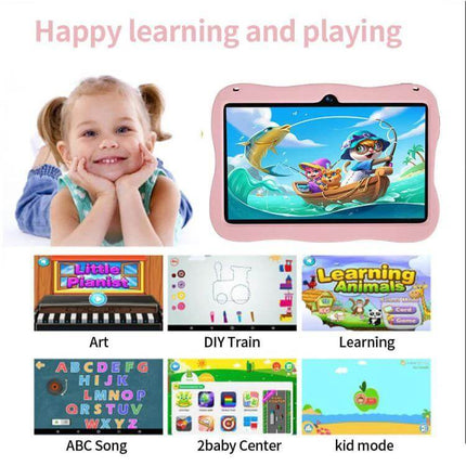 BDF 7-Inch Kids Tablet for Everyday Learning and Play with Case - pink kid tablet with case showing learning apps and child