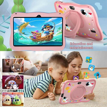 BDF 7-Inch Kids Tablet for Everyday Learning and Play with Case showing children using pink tablet with protective case