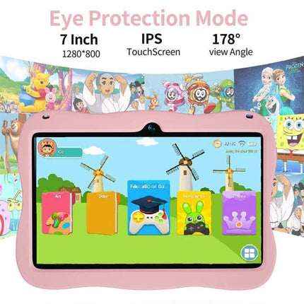 BDF 7-Inch Kids Tablet with Spaceman Case for Learning and Fun pink tablet showing kids apps and eye protection mode