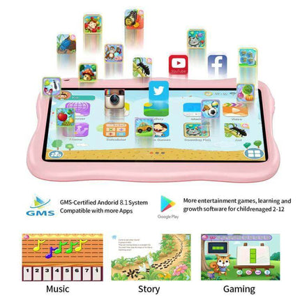 BDF 7-Inch Kids Tablet with Spaceman Case for Learning and Fun showing pink tablet screen with educational apps and games