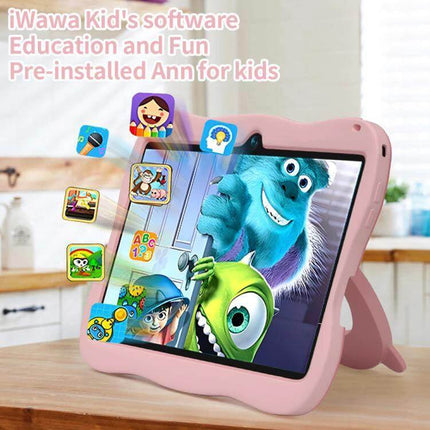 BDF 7-Inch Kids Tablet with Spaceman Case for Learning and Fun - pink spaceman case Android 13 tablet showing educational apps and cartoons