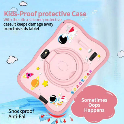 BDF 7-Inch Kids Tablet with Spaceman Case for Learning and Fun - pink spaceman protective silicone case, shockproof kid-friendly design