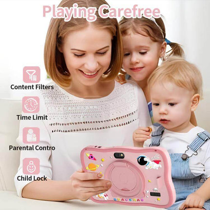 BDF 7-Inch Kids Tablet with Spaceman Case for Learning and Fun shown in pink spaceman case with mother and children using tablet