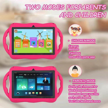 BDF 7 Inch WiFi Kids Tablet with Giraffe Silicone Case showing kids and parents modes on pink giraffe silicone cover