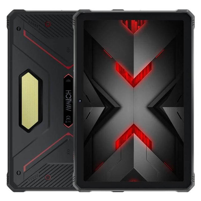 HOTWAV Tab R9 Pro 11-Inch Rugged Android Tablet for Outdoor Use shown front and back with rugged casing and red accent lighting