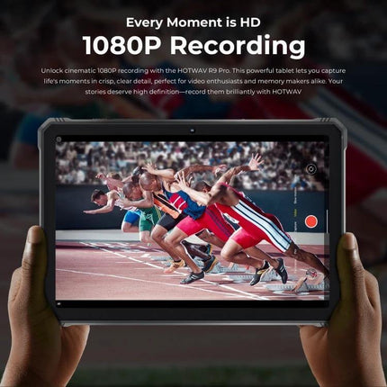 HOTWAV Tab R9 Pro 11-Inch Rugged Android Tablet for Outdoor Use showing 1080P recording of runners held in hands