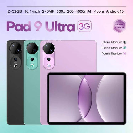 Pad 9 Ultra 10.1-Inch Tablet for Everyday Computing and Calls - 10.1-inch Android 10 tablet in black, green, purple showing front display and rear cameras