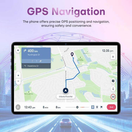 Pad 9 Ultra 10.1-Inch Tablet for Everyday Computing and Calls showing GPS navigation map and route on 10.1-inch HD display