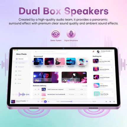 Pad 9 Ultra 10.1-Inch Tablet for Everyday Computing and Calls showing dual box speakers and 10.1-inch HD display with music app