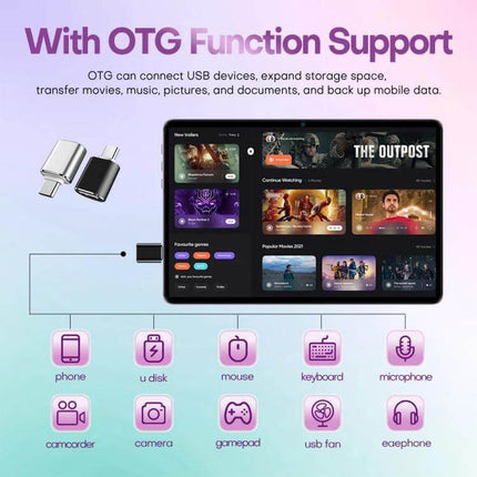 Pad 9 Ultra 10.1-Inch Tablet for Everyday Computing and Calls showing OTG function with USB adapters and connected peripherals
