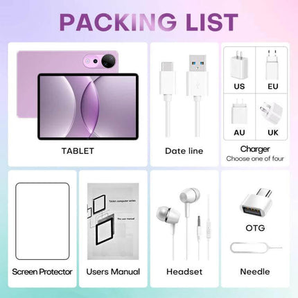 Pad 9 Ultra 10.1-Inch Tablet for Everyday Computing and Calls packing list showing tablet, charger plugs, USB cable, screen protector, manual, headset, OTG and SIM needle