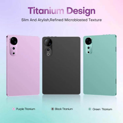 Pad 9 Ultra 10.1-Inch Tablet for Everyday Computing and Calls showcasing titanium design in purple, black, and green color options