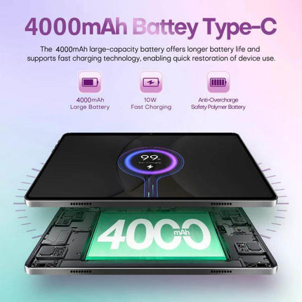 Pad 9 Ultra 10.1-Inch Tablet for Everyday Computing and Calls showing 4000mAh battery, Type-C charging and fast charge icon