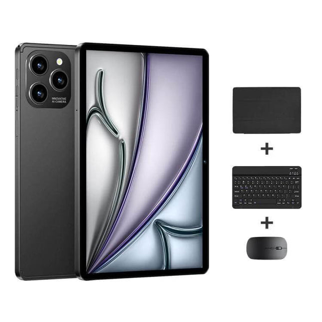 Pad 8 Pro 10.1-Inch Android Tablet with Keyboard and Case shown with slim keyboard, protective folio case and wireless mouse