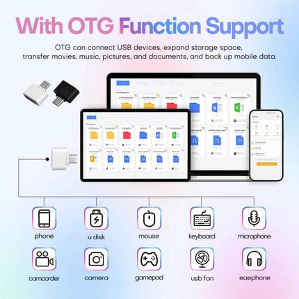 Pad 8 Pro 10.1-Inch Android Tablet with Keyboard and Case showing OTG support connecting USB devices, keyboard, mouse, phone and storage options