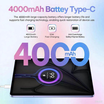 Pad 8 Pro 10.1-Inch Android Tablet with Keyboard and Case showing 4000mAh battery and Type-C charging on screen