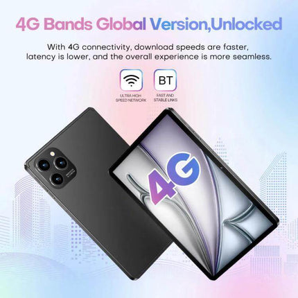 Pad 8 Pro 10.1-Inch Android Tablet with Keyboard and Case showing 4G connectivity, sleek black design and tablet screen with 4G badge