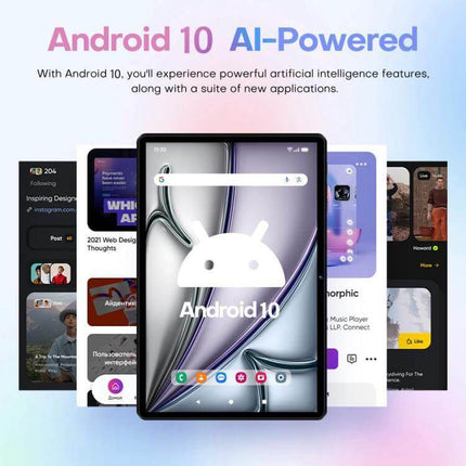 Pad 8 Pro 10.1-Inch Android Tablet with Keyboard and Case showing Android 10 AI-powered interface and built-in keyboard and protective case