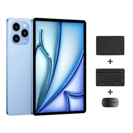 10.1-Inch Android Tablet with Keyboard, Mouse, and Leather Case shown with keyboard, mouse and protective leather case for students and professionals