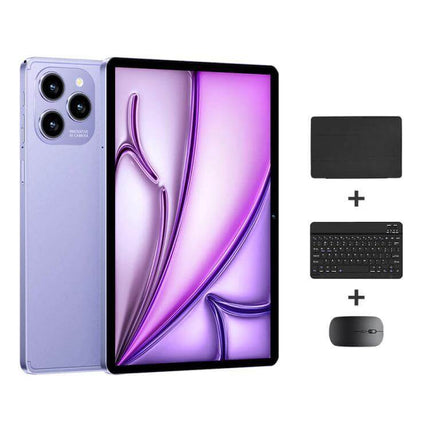 Alt Tag: 10.1-Inch Android Tablet with Keyboard, Mouse, and Leather Case showing tablet front, keyboard, mouse and protective leather case for students and professionals