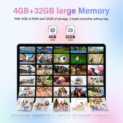 10.1-Inch Android Tablet with Keyboard, Mouse, and Leather Case showcasing 4GB RAM and 32GB storage with photo gallery on screen