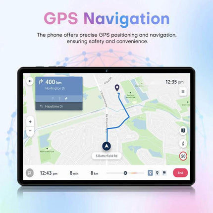 10.1-Inch Android Tablet with Keyboard, Mouse, and Leather Case showing GPS navigation map and route on screen
