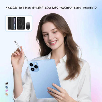 10.1-Inch Android Tablet with Keyboard, Mouse, and Leather Case shown with stylus, keyboard, mouse and protective leather case in hand