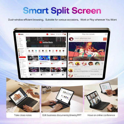 Pad 9 Pro 10.1-Inch Tablet with Keyboard, Mouse and Case showing split-screen productivity use with keyboard, mouse and protective case