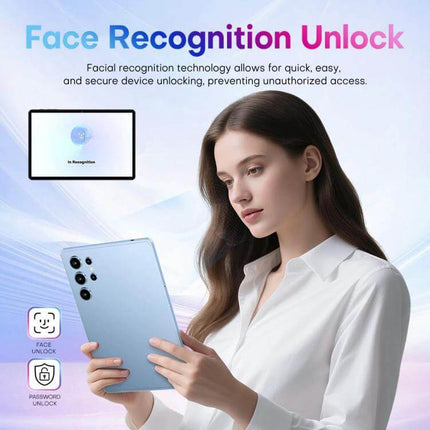 Pad 9 Pro 10.1-Inch Tablet with Keyboard, Mouse and Case showing face recognition unlock on 10.1-inch tablet being used by woman