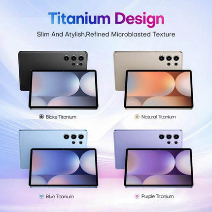 Pad 9 Pro 10.1-Inch Tablet with Keyboard, Mouse and Case showing four Titanium color options (Black, Natural, Blue, Purple) with screen views
