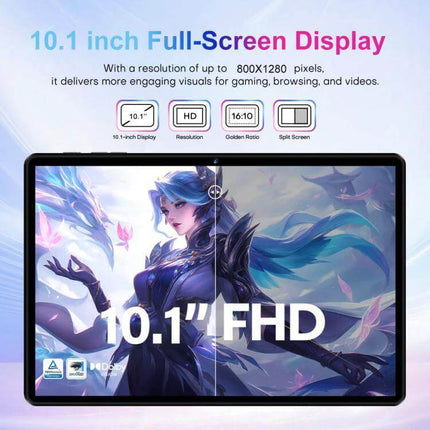 Pad 9 Pro 10.1-Inch Tablet with Keyboard, Mouse and Case – 10.1-inch FHD display showing split-screen visuals