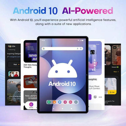 Alt Tag: Pad 9 Pro 10.1-Inch Tablet with Keyboard, Mouse and Case showing Android 10 home screen with apps and multitasking