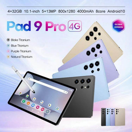 Pad 9 Pro 10.1-Inch Tablet with Keyboard, Mouse, and Case showcasing multiple color options, tablet with stylus and compact workstation accessories