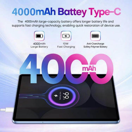 Pad 9 Pro 10.1-Inch Tablet with Keyboard, Mouse, and Case showing 4000mAh battery, Type-C charging and fast charge display