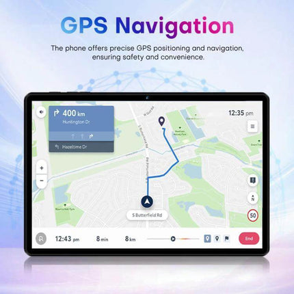 Pad 9 Pro 10.1-Inch Tablet with Keyboard, Mouse, and Case showing GPS navigation map on screen, keyboard and mouse ready for mobile productivity