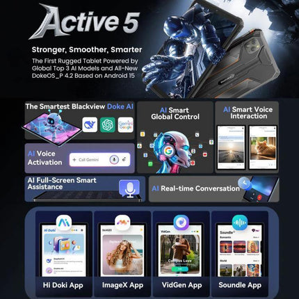 Blackview Active 5 Rugged 4G Tablet for Everyday Use showcasing rugged design, 8.68-inch WVGA+ display and AI features