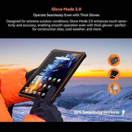 Blackview Active 5 Rugged 4G Tablet for Everyday Use showing Glove Mode 2.0 hands using tablet outdoors with snow and sunset backdrop