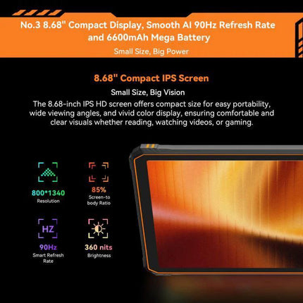 Blackview Active 5 Rugged 4G Tablet for Everyday Use showing 8.68-inch WVGA+ IPS display with 90Hz refresh and rugged orange-accented bezel