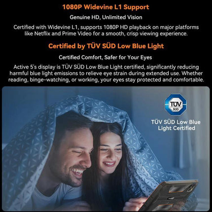 Blackview Active 5 Rugged 4G Tablet for Everyday Use showing couple using tablet under blanket with TÜV SÜD Low Blue Light certification