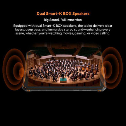 Blackview Active 5 Rugged 4G Tablet for Everyday Use showing dual Smart-K BOX speakers with immersive stereo sound and concert scene