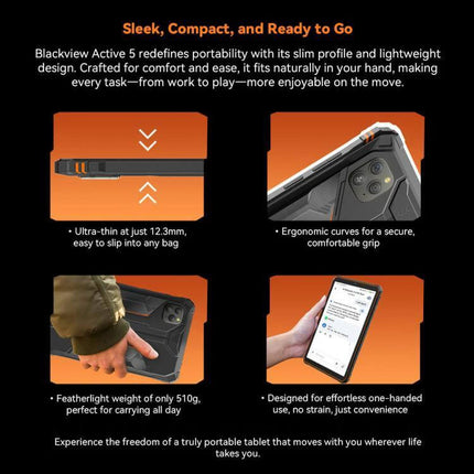 Blackview Active 5 Rugged 4G Tablet for Everyday Use showing slim profile, ergonomic grip, rear camera, and one-handed use features